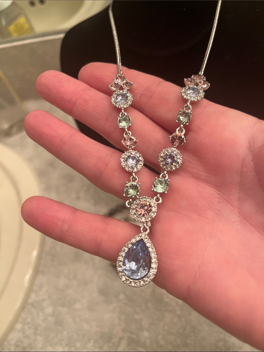 Givenchy Silver-Tone Necklace with Pink, Green and Clear Crystals